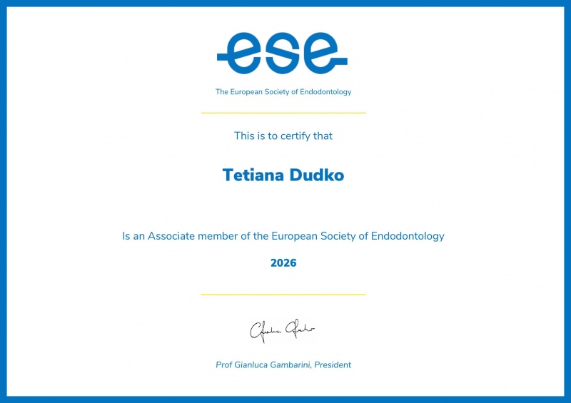 Дудко Татьяна - Ассоциированный член European Society of Endodontology Дудко Татьяна - Ассоциированный член European Society of Endodontology