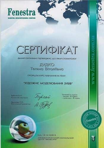 Сертифікат з художнього моделювання зубів Дудко Т.В. Художнє моделювання 2013 рік