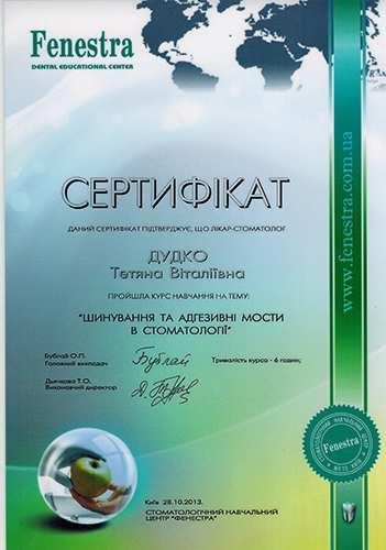 Сертифікат з шинування та адгезивних мостів Дудко Т.В. Шинування зубів 2013 рік