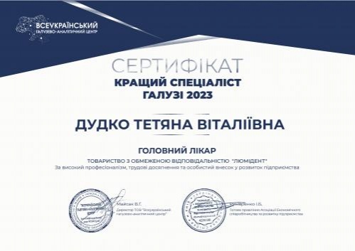 Дудко Тетяна Віталіївна - Нагорода «Кращий фахівець галузі 2023» від Вибір споживача 2023 Дудко Тетяна Віталіївна