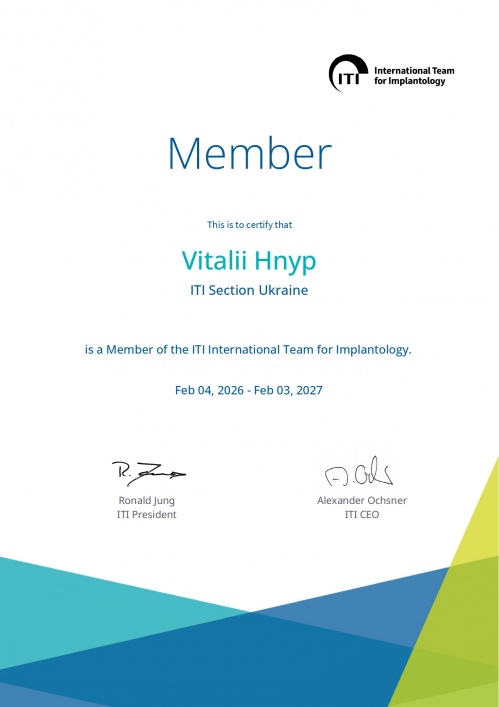 Член International team for Implantology (ITI), ITI ID - 285180015 Член International team for Implantology (ITI), ITI ID - 285180015