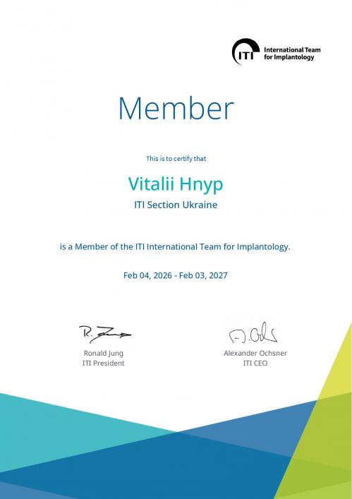 Член International team for Implantology (ITI), ITI ID -&nbsp;285180015