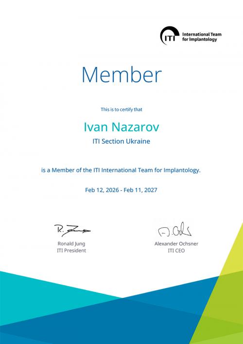 Член International team for Implantology (ITI), ITI ID -&nbsp;286263903
