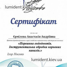 сертификат, стоматолог-терапевт Ермилова Анастасия Андреевна