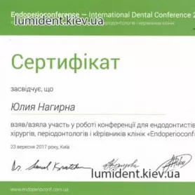 Сертификат Нагирной Ю.М. по конференции для эндодонтистов