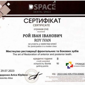 сертификат, стоматолог терапевт Рой Иван