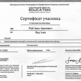 сертификат, стоматолог терапевт Рой Иван