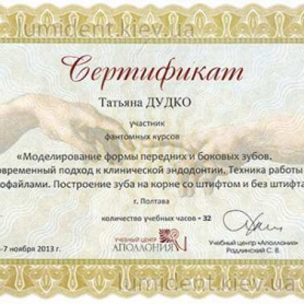 сертификат, доктор-терапевт Дудко Татьяна