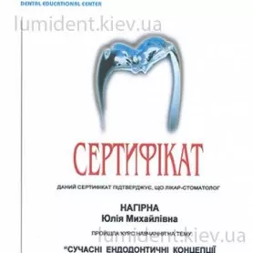 Сертификат Нагирной Ю.М. по курсу современных эндодонтичных концепций