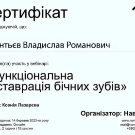 Врач-стоматолог-терапевт, эндодонтист Леонтьев Владислав Романович, сертификат
