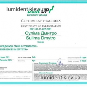 сертификат, стоматолог терапевт Сулима Дмитрий Александрович