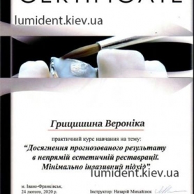 сертификат, стоматолог терапевт Грицишина Вероника 
