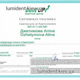 сертификат, стоматолог терапевт Джетимова Алина